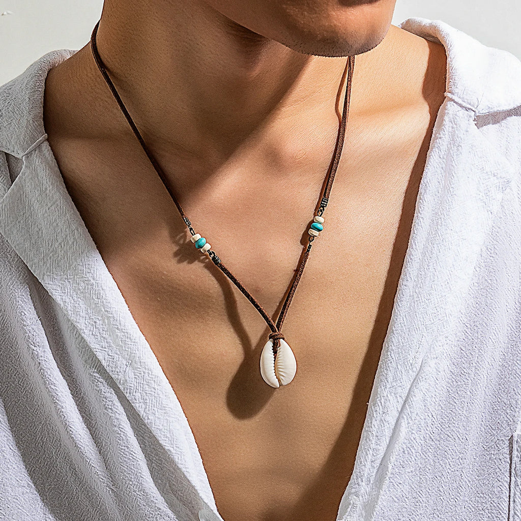 Salircon bohemian shell pendant choker necklace for men with brown velvet cord