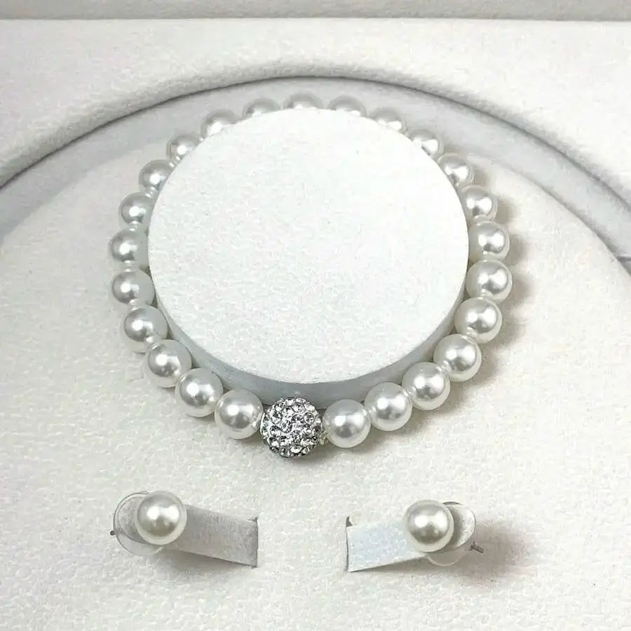 3PCS Pearl Fireball Set Silver Necklace, Bracelet & Studs.