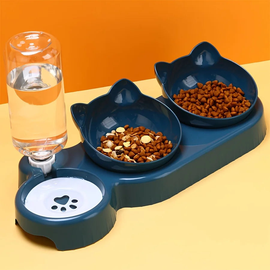 3-in-1 Tilted Cat Bowl Set Food & Water Bowls with Gravity Feeder