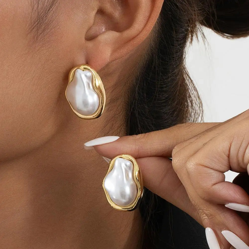 Irregular Baroque Pearl Stud Earrings Vintage Gold Edged Design.