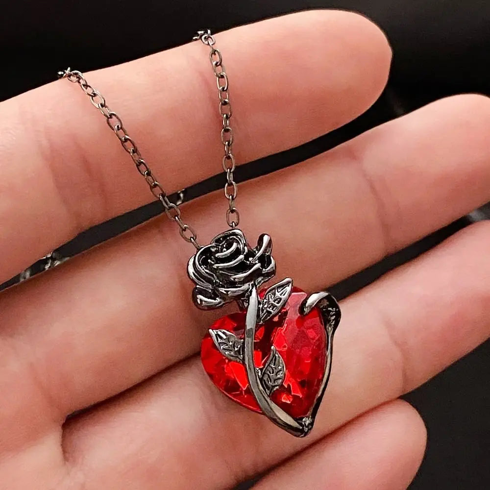 Gothic Red Heart Necklace Women’s Y2K Silver Pendant.