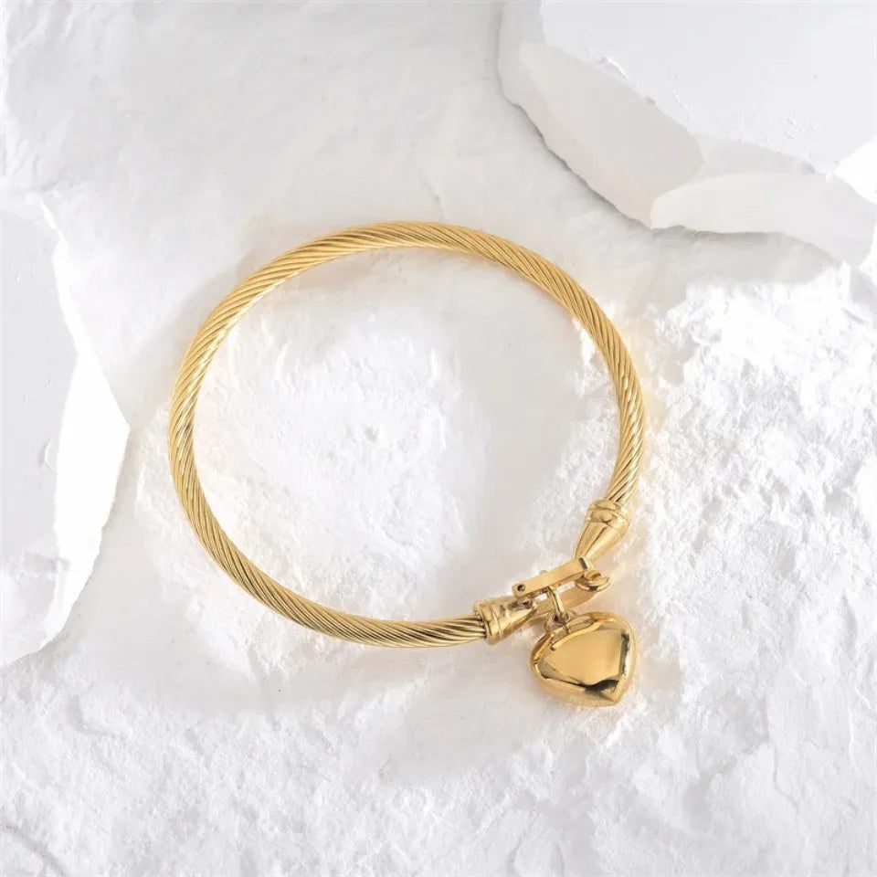 18K Gold Stainless Steel Heart Bangle Unisex Design.