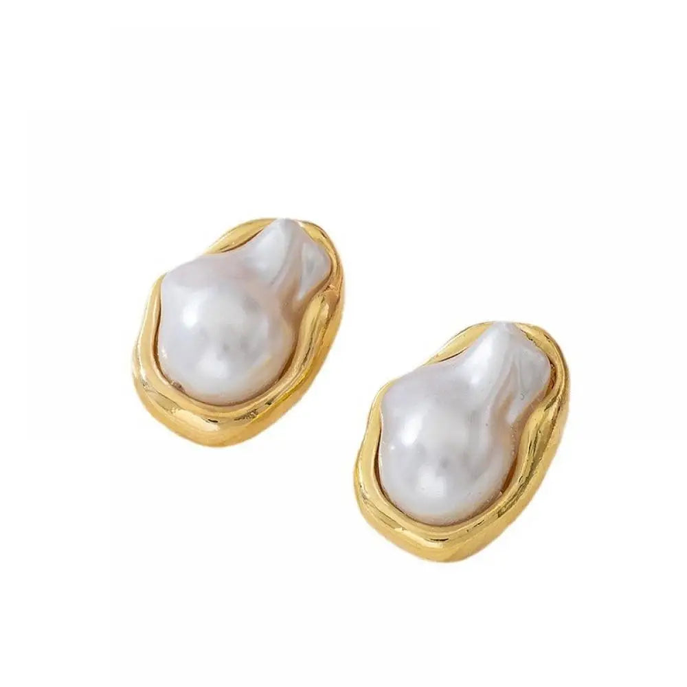 Irregular Baroque Pearl Stud Earrings Vintage Gold Edged Design.