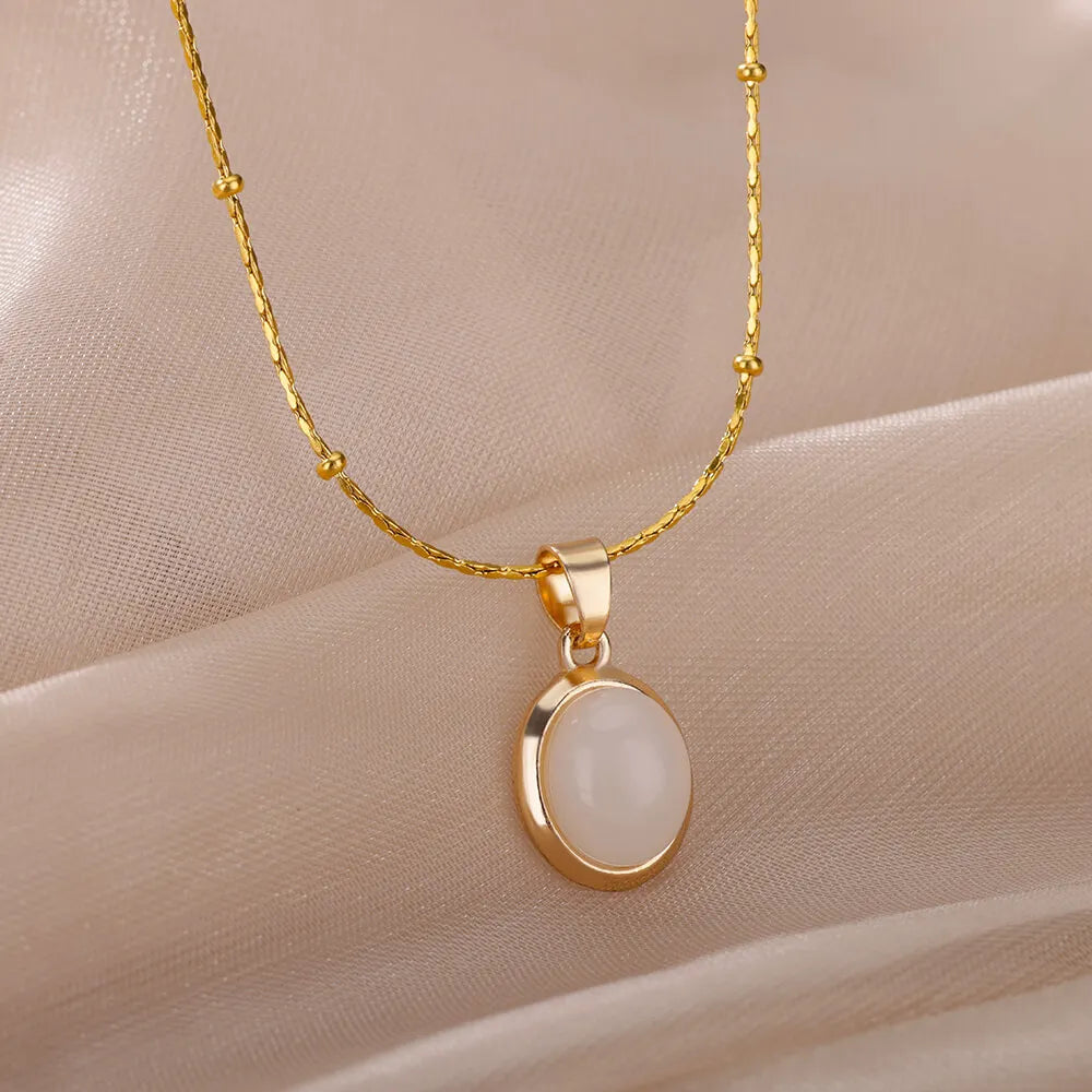 Opal Oval Necklace for Women Gold-Tone Stainless Steel.