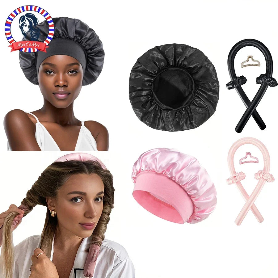 Heat  Free  Hair Curler And Satin Sleeping Cap Set