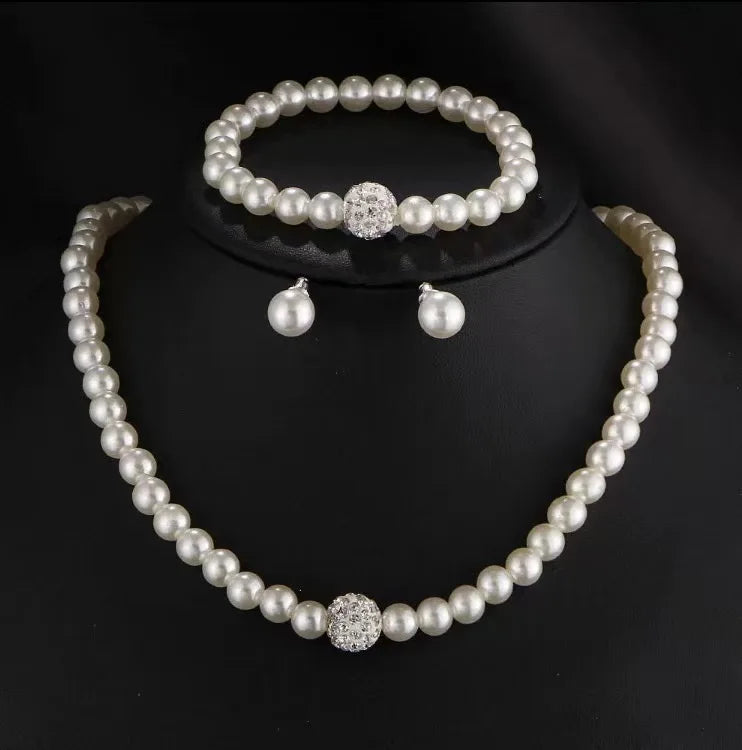 3PCS Pearl Fireball Set Silver Necklace, Bracelet & Studs.