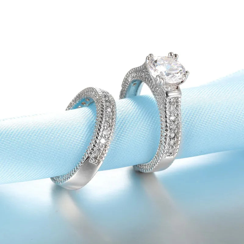 Elegant Wedding Engagement Couple Rings Set 925 Sterling Silver