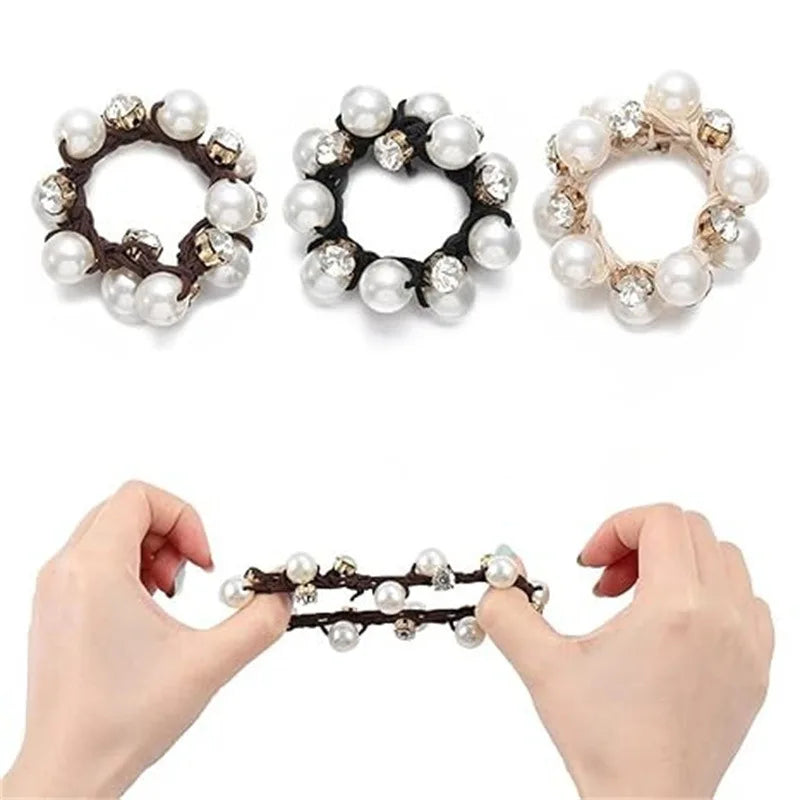 3PCS Pearl & Rhinestone Scrunchies Retro Hair Ties for Women.