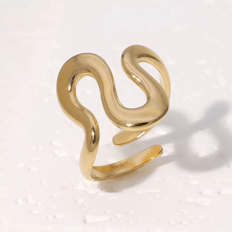 Stainless Steel Irregular Wave Ring Gold Color, Adjustable, Unisex