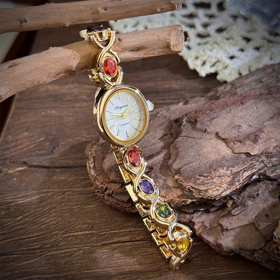 Retro round rainbow quartz watch for women. French-inspired luxury style