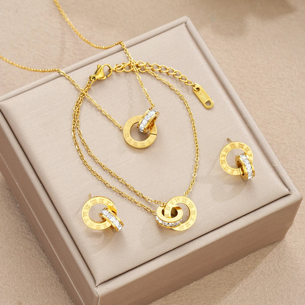 4PCS Crystal Circle Set  Necklace, Bracelet & Earrings.
