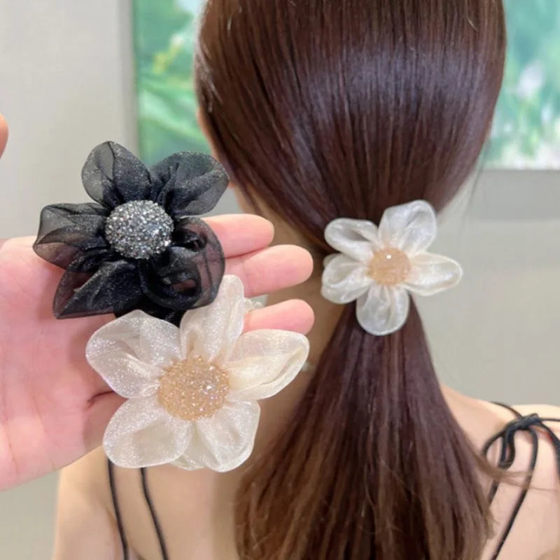 3PCS Pearl & Rhinestone Scrunchies Retro Hair Ties for Women.