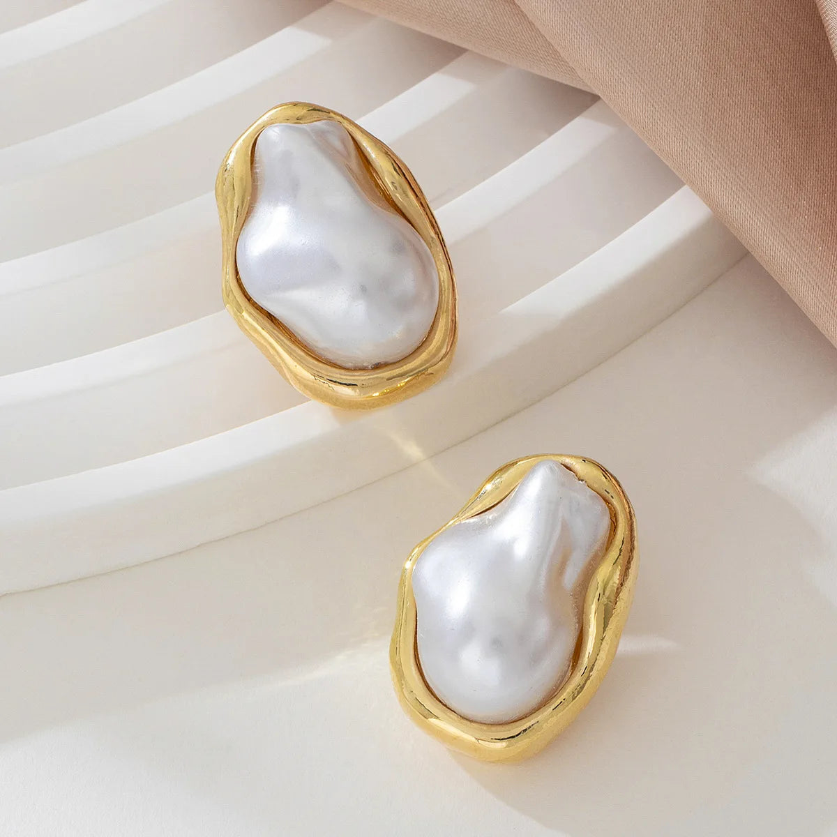Irregular Baroque Pearl Stud Earrings Vintage Gold Edged Design.