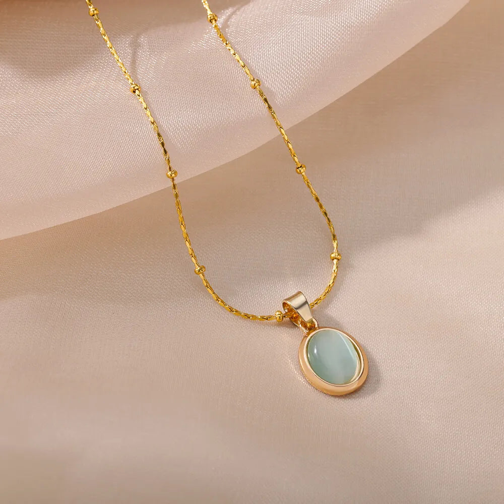 Opal Oval Necklace for Women Gold-Tone Stainless Steel.