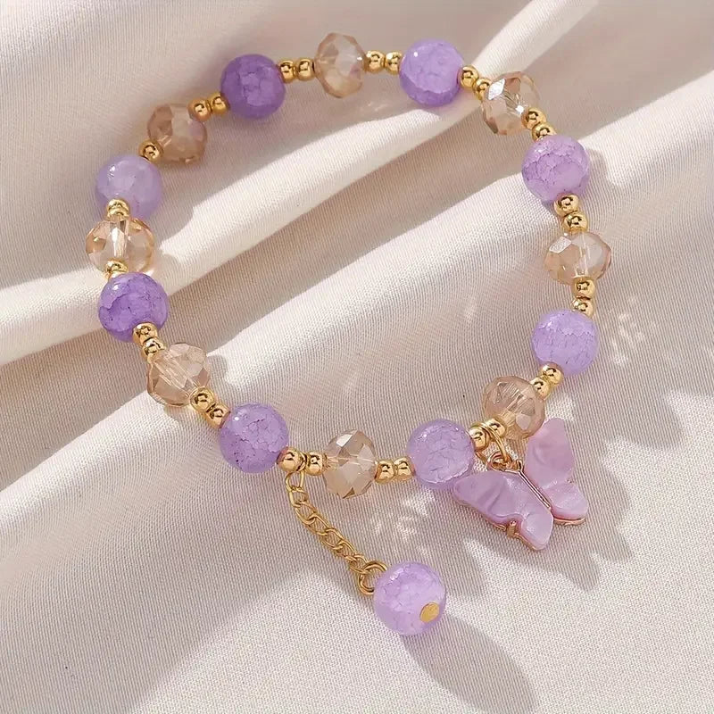 Purple Butterfly Bracelet for Girls Cute Beaded Jewelry Gift.