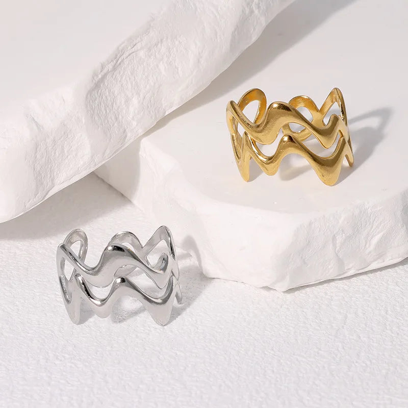 Stainless Steel Irregular Wave Ring Gold Color, Adjustable, Unisex