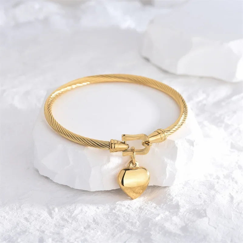 18K Gold Stainless Steel Heart Bangle Unisex Design.