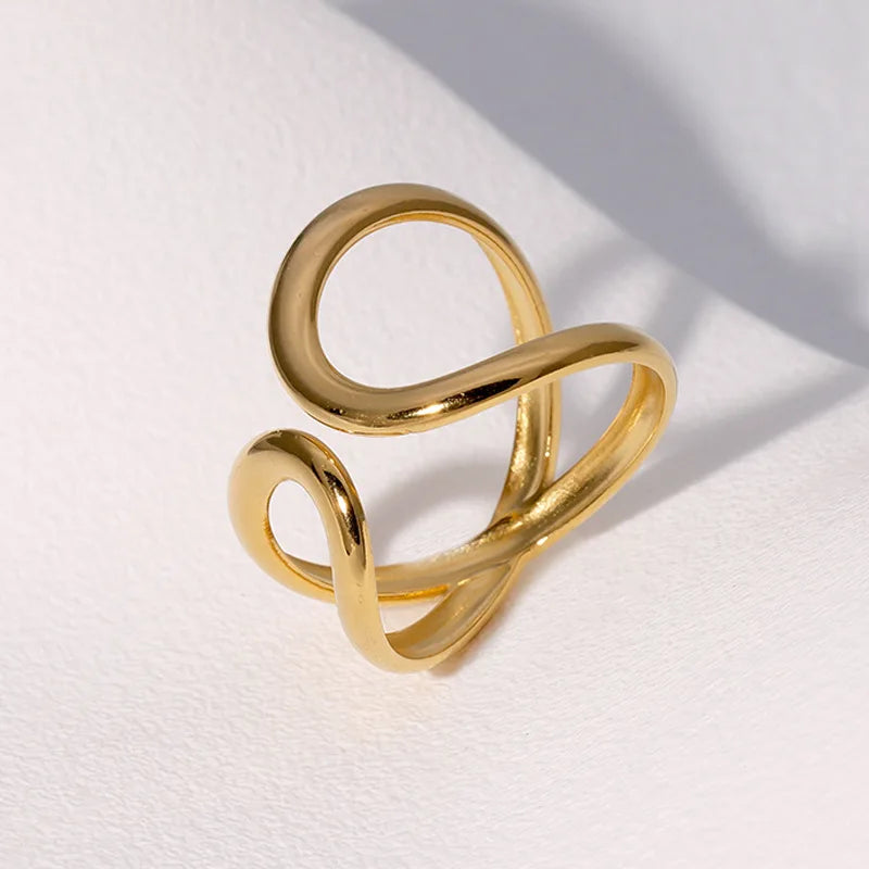 Stainless Steel Irregular Wave Ring Gold Color, Adjustable, Unisex