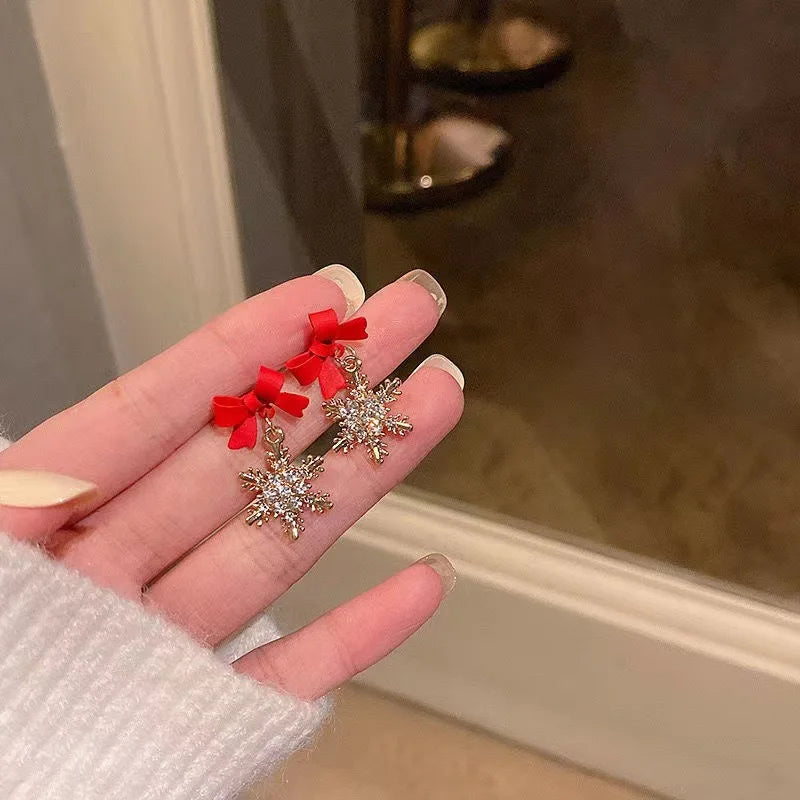 Red Bow Knot Snowflake Xmas Earrings for Women