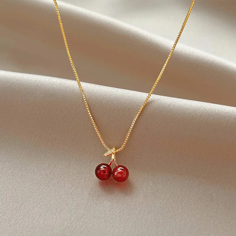 Red Cherry Necklace Cute Gold Chain for Women