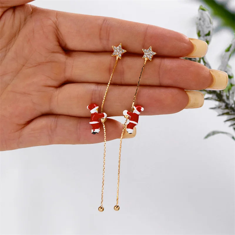 Moving Santa Tassel Dangle Earrings Asymmetric Christmas Design.