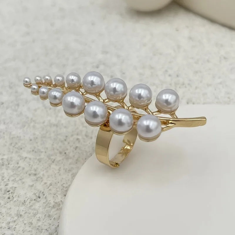 Irregular Pearl Leaf Open Ring Elegant Women’s Accessory.