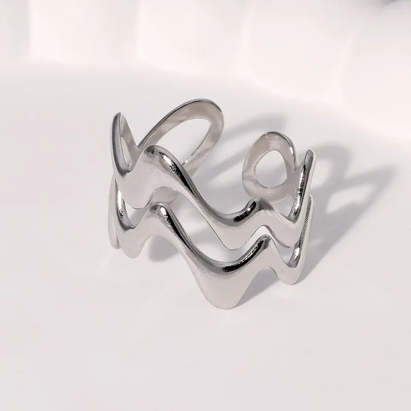 Stainless Steel Irregular Wave Ring Gold Color, Adjustable, Unisex