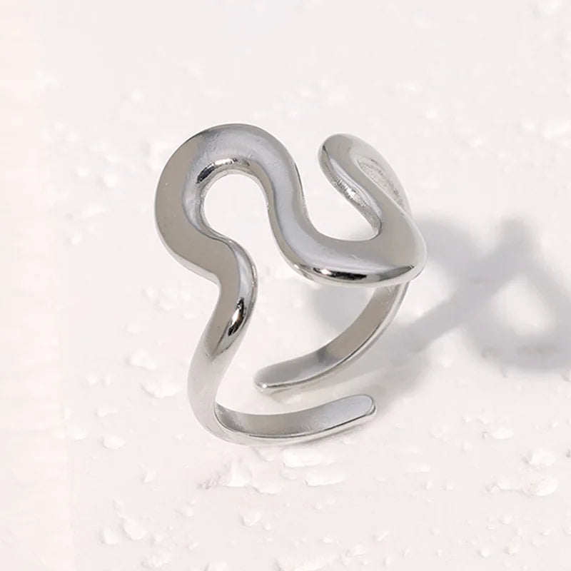 Stainless Steel Irregular Wave Ring Gold Color, Adjustable, Unisex