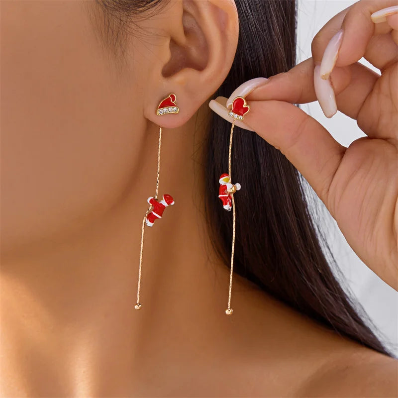 Moving Santa Tassel Dangle Earrings Asymmetric Christmas Design.