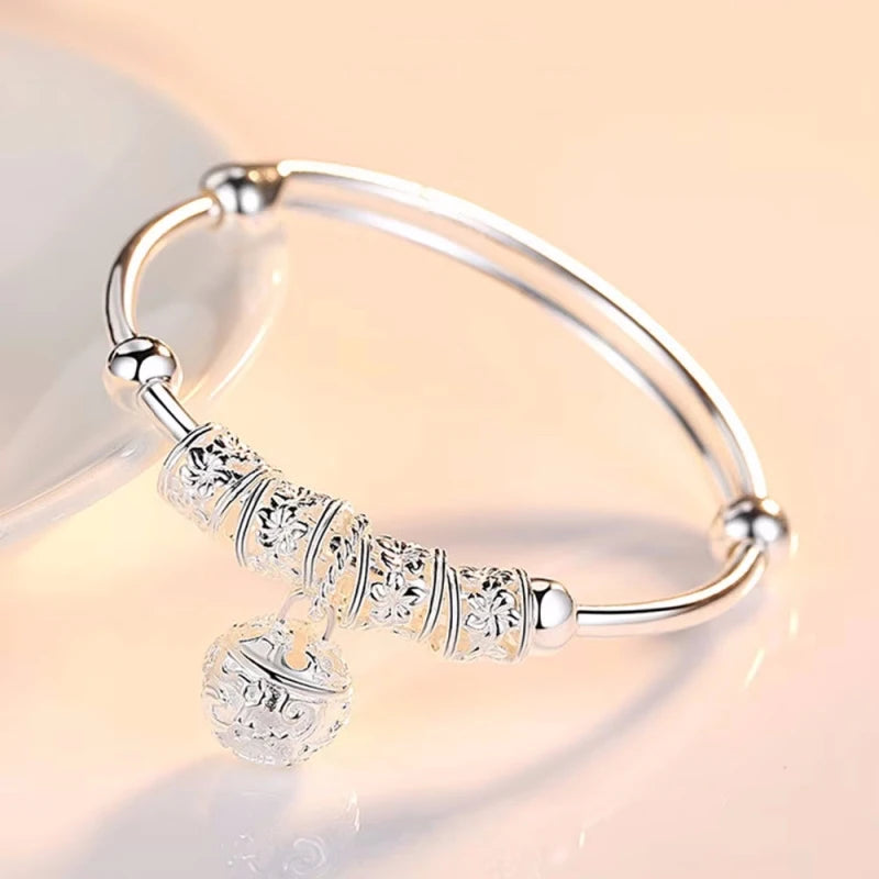 925 Sterling Silver Hollow Bells Ball Bangles Adjustable Bracelets for Women