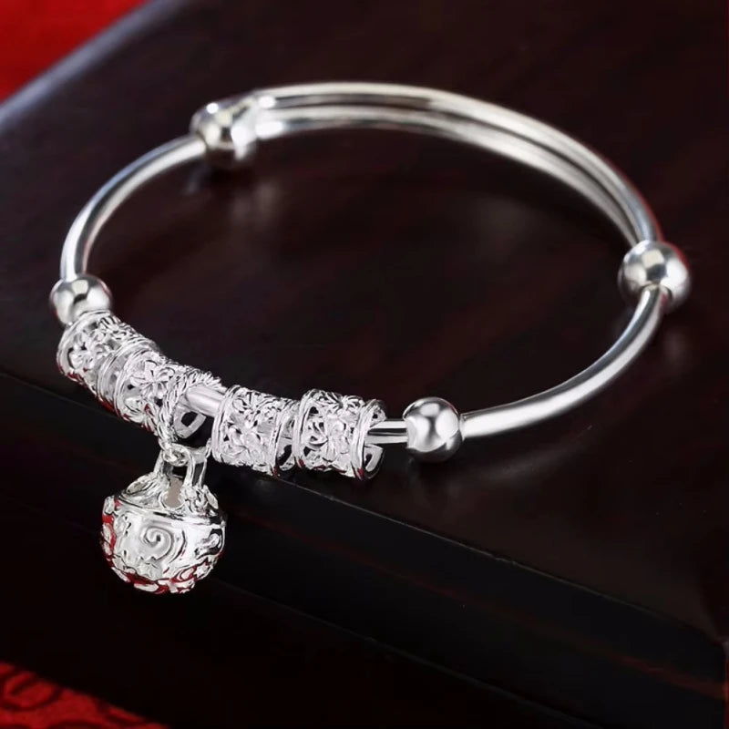 925 Sterling Silver Hollow Bells Ball Bangles Adjustable Bracelets for Women