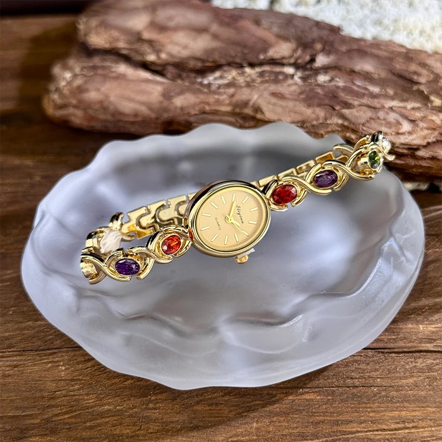 Retro round rainbow quartz watch for women. French-inspired luxury style