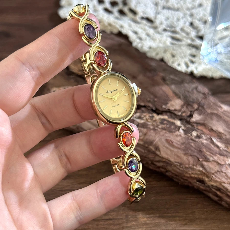 Retro round rainbow quartz watch for women. French-inspired luxury style