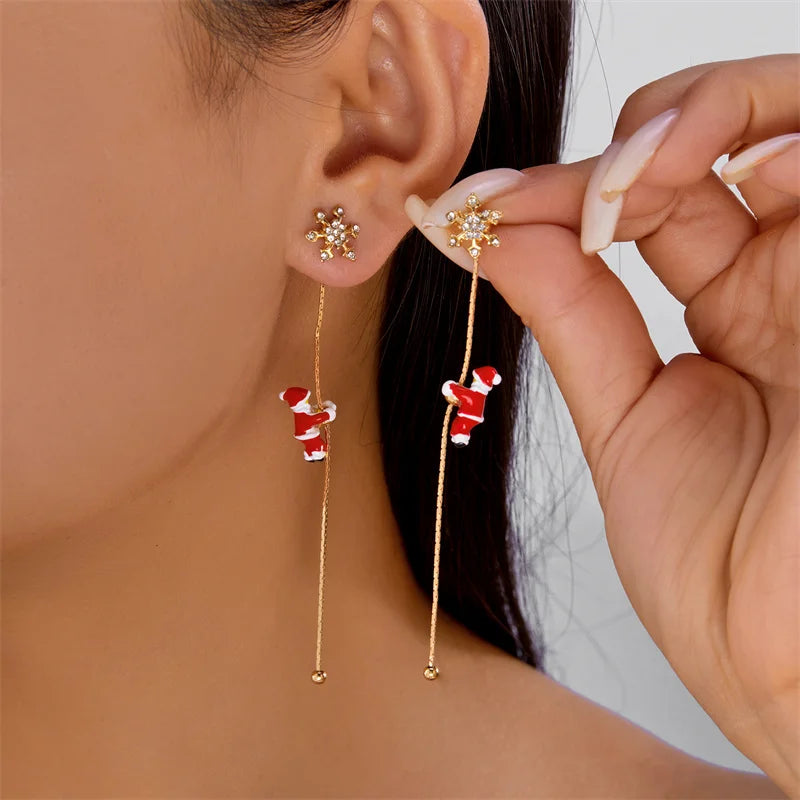 Moving Santa Tassel Dangle Earrings Asymmetric Christmas Design.