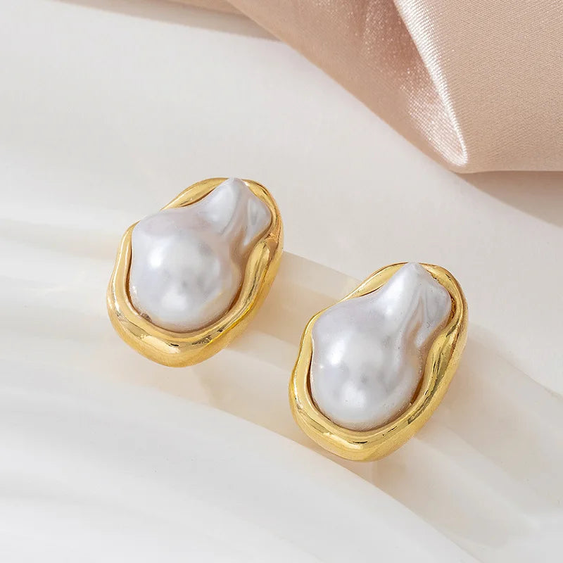 Irregular Baroque Pearl Stud Earrings Vintage Gold Edged Design.