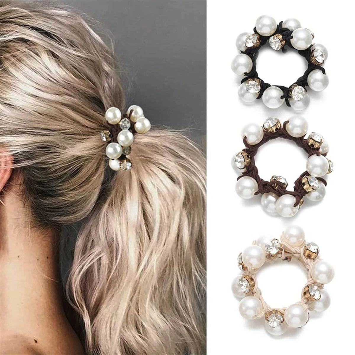 3PCS Pearl & Rhinestone Scrunchies Retro Hair Ties for Women.