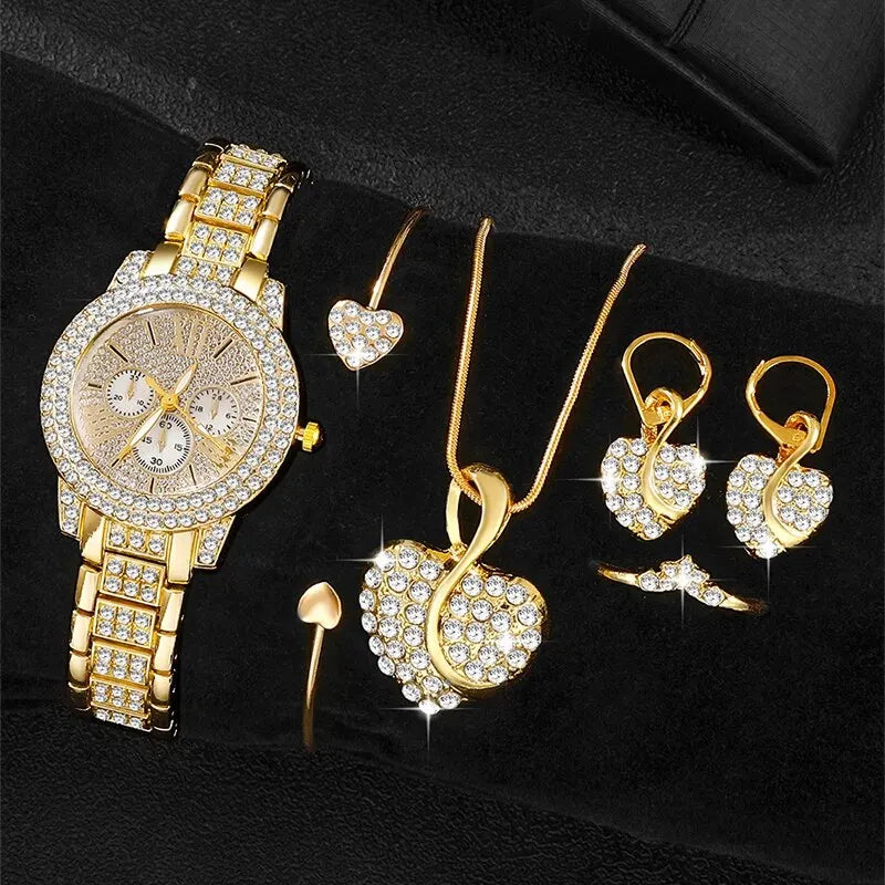 Women’s Golden Watch Set Ring, Necklace & Earrings