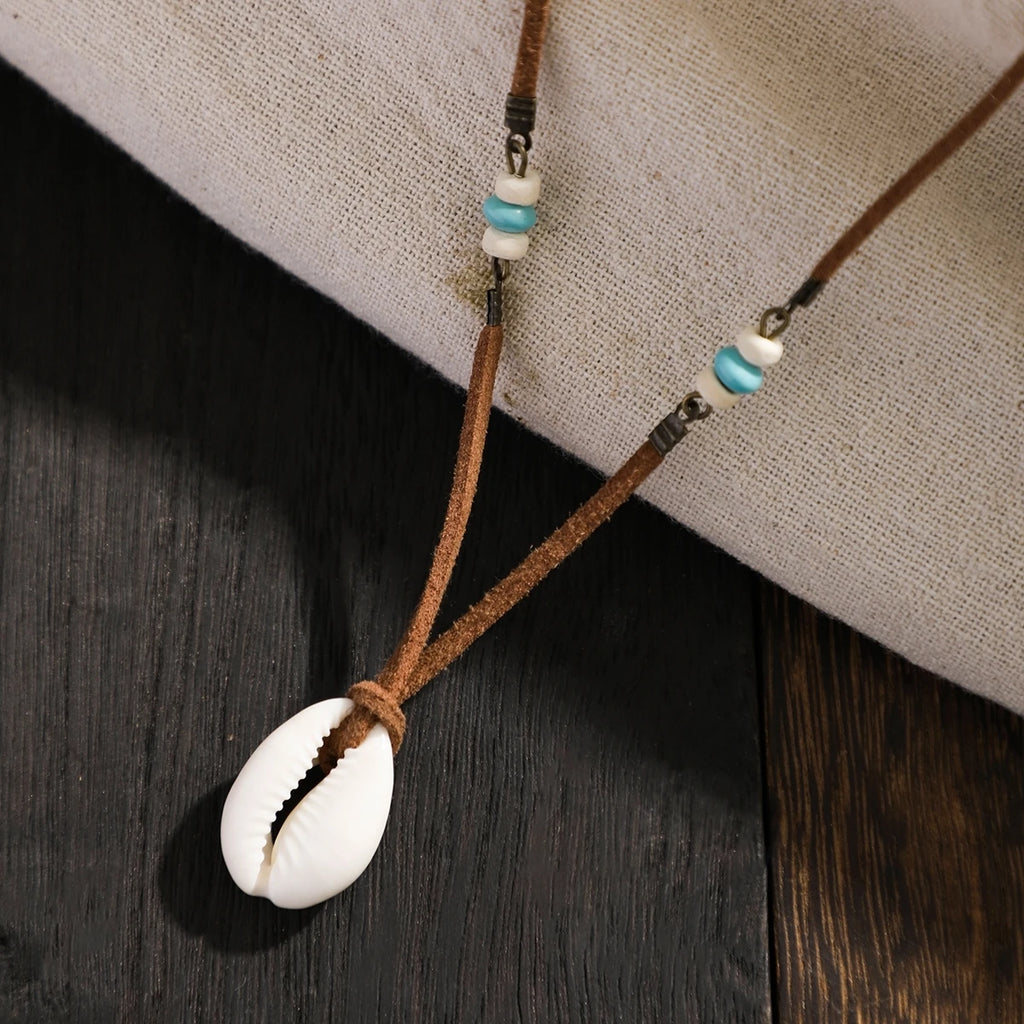Salircon bohemian shell pendant choker necklace for men with brown velvet cord