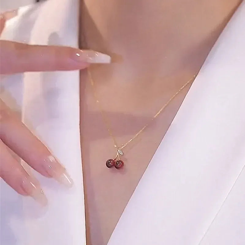 Red Cherry Necklace Cute Gold Chain for Women