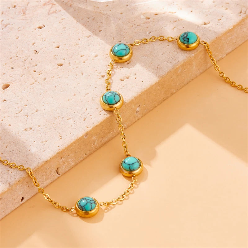 DIEYURO 316L stainless steel jewelry set with round turquoise. Elegant, non-fading, and timeless.