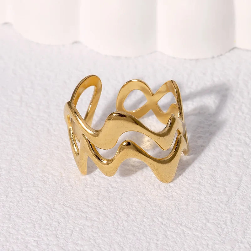 Stainless Steel Irregular Wave Ring Gold Color, Adjustable, Unisex