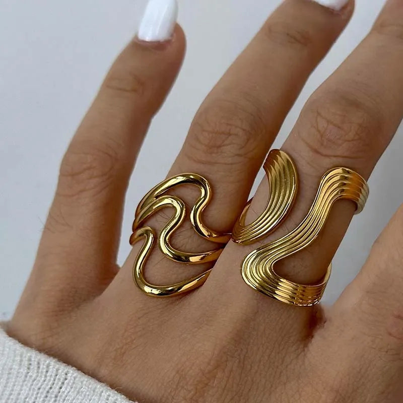 Stainless Steel Irregular Wave Ring Gold Color, Adjustable, Unisex