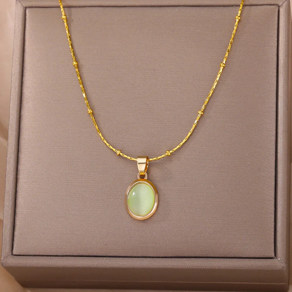 Opal Oval Necklace for Women Gold-Tone Stainless Steel.