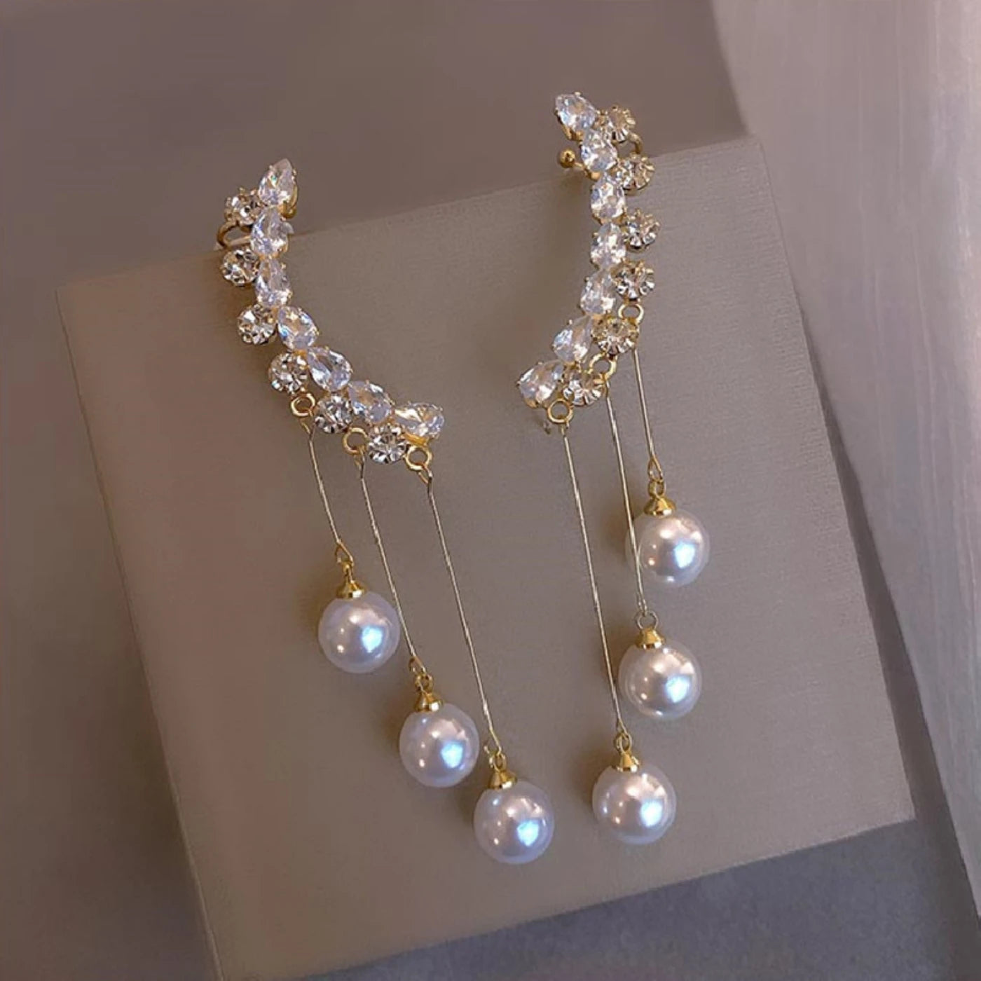 Elegant Pearl & Crystal Long Tassel Earrings Classic Wedding Style.