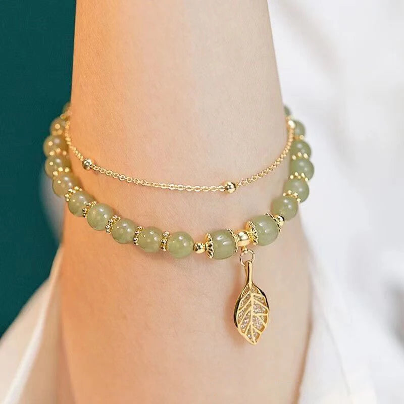 Jade & Gold Double-Chain Bracelet  Elegant Gift for Girls.