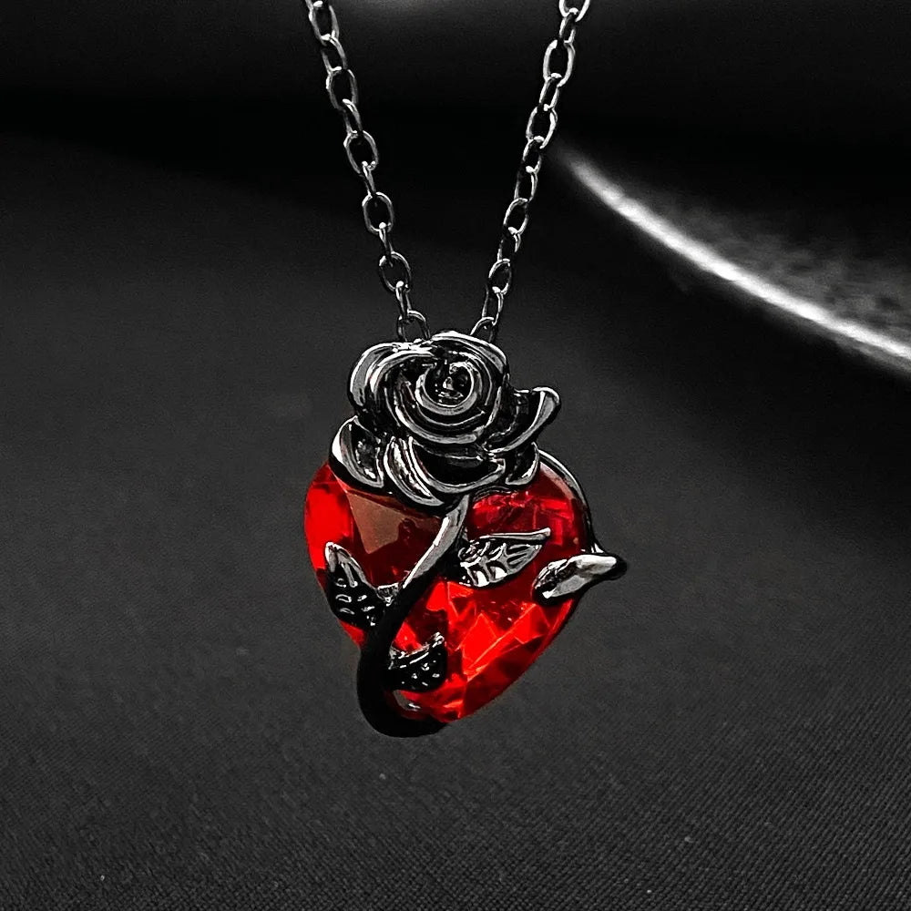 Gothic Red Heart Necklace Women’s Y2K Silver Pendant.