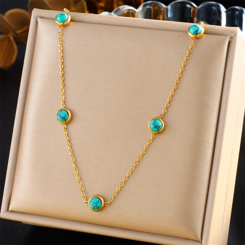 DIEYURO 316L stainless steel jewelry set with round turquoise. Elegant, non-fading, and timeless.