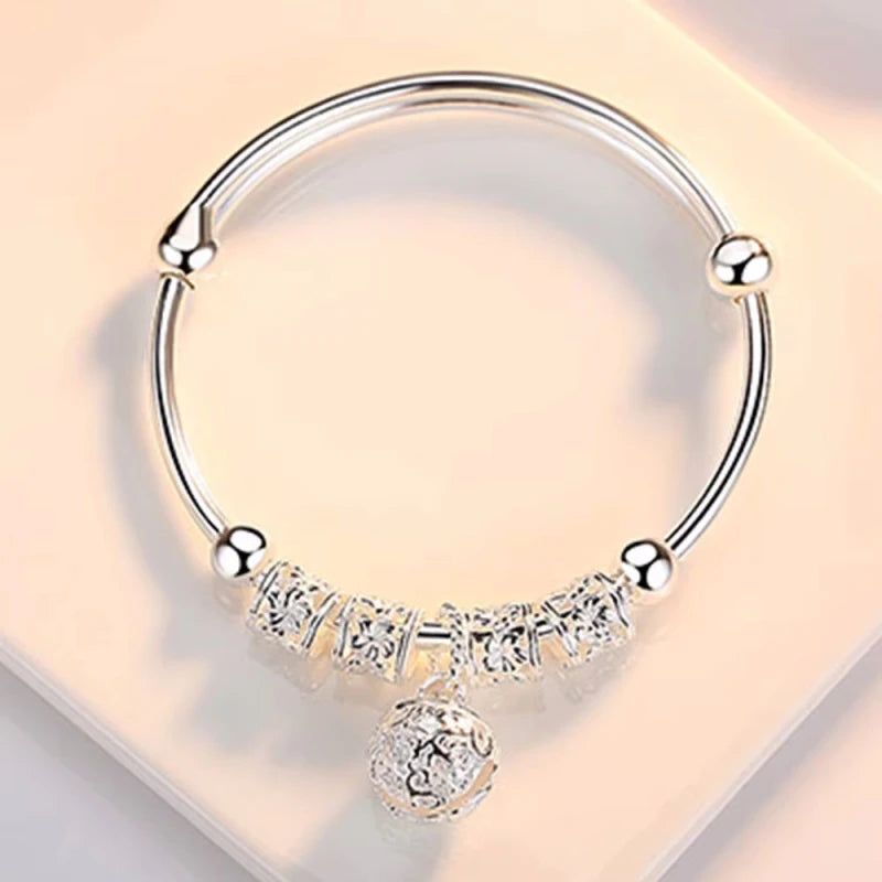 925 Sterling Silver Hollow Bells Ball Bangles Adjustable Bracelets for Women