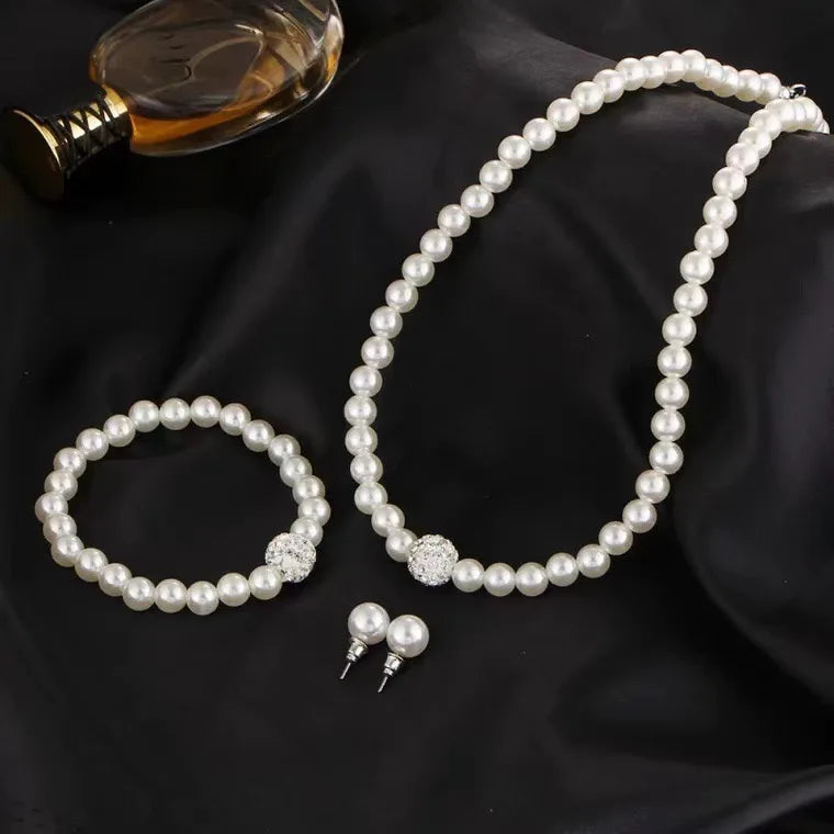3PCS Pearl Fireball Set Silver Necklace, Bracelet & Studs.