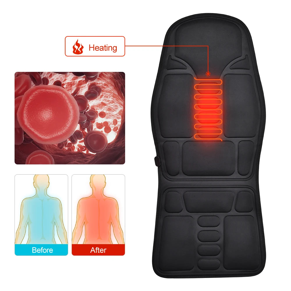 Portable vibration massage cushion for back and neck relaxation. Ideal for home, office, or car